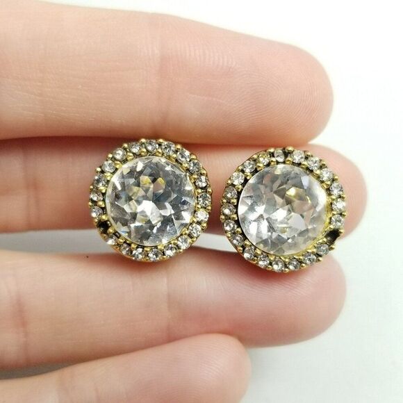 Vintage Zentall Round Rhinestone Clip On Earrings, Gold Tone Halo Signed - Picture 2 of 8